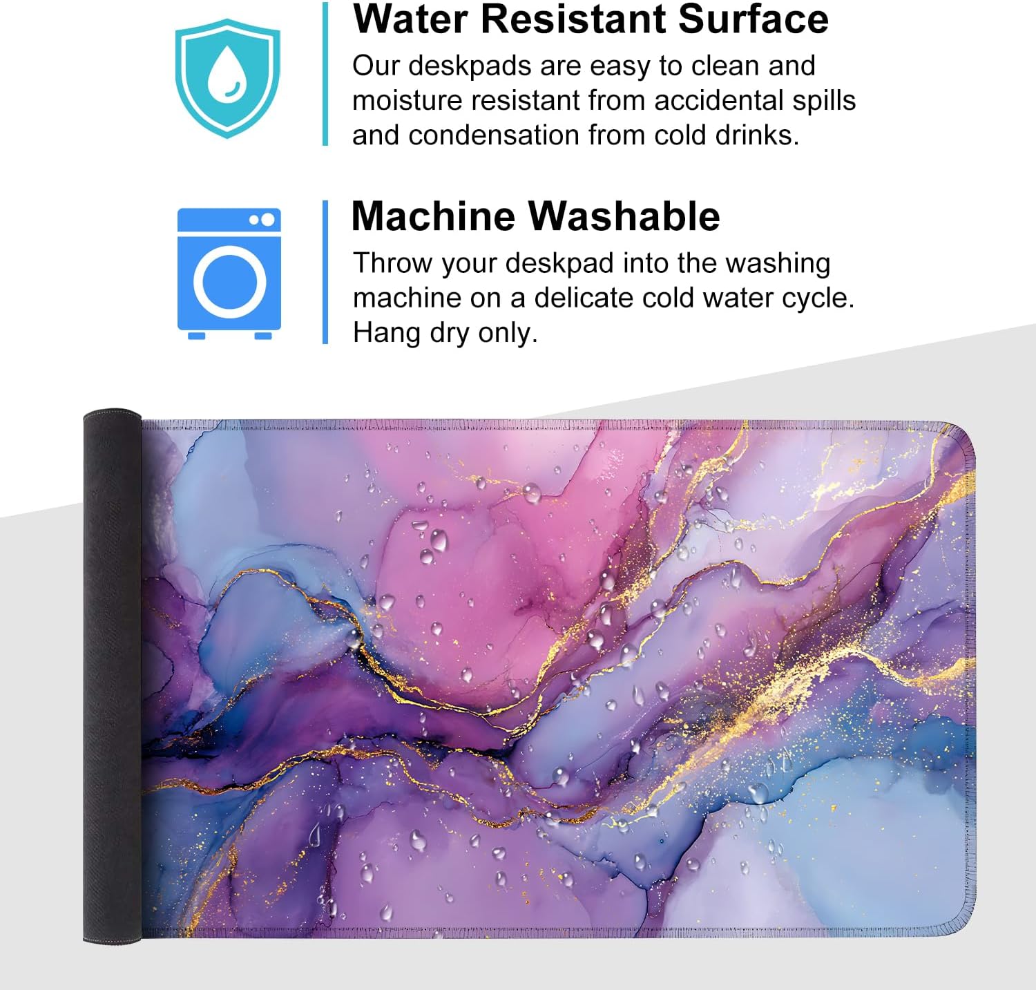 Purple Marble Ink Mouse Pad – Large Extended Desk Mat 35.43 x 15.75 in – Alcohol Ink Watercolor with Gold Vein Design, Non-Slip Base, Waterproof Surface, Aesthetic Keyboard & Mouse Pad