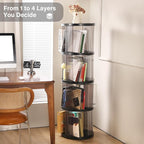 4 Tier Rotating Bookshelf, Small Corner Bookshelf for Small Space, 360 Display Floor Standing Bookcase, Lazy Susan Plastic Narrow Book Organizer for Bedroom, Living Room, Round, Black