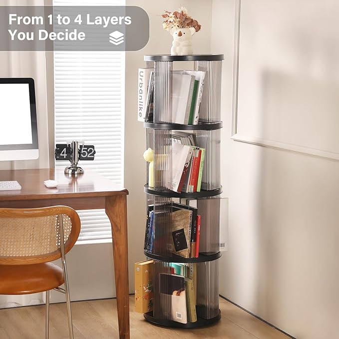 4 Tier Rotating Bookshelf, Small Corner Bookshelf for Small Space, 360 Display Floor Standing Bookcase, Lazy Susan Plastic Narrow Book Organizer for Bedroom, Living Room, Round, Black