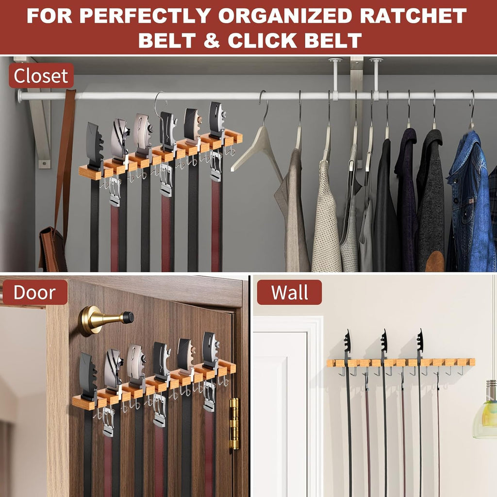 Belt Hanger for Closet Max 42 Belts, 2-in-1 Wall Mount Belt Organizer with 360° Rotating Hooks, Wooden Tie and Belt Rack for Closet Accessories Organizers and Storage, 12+11 Storage