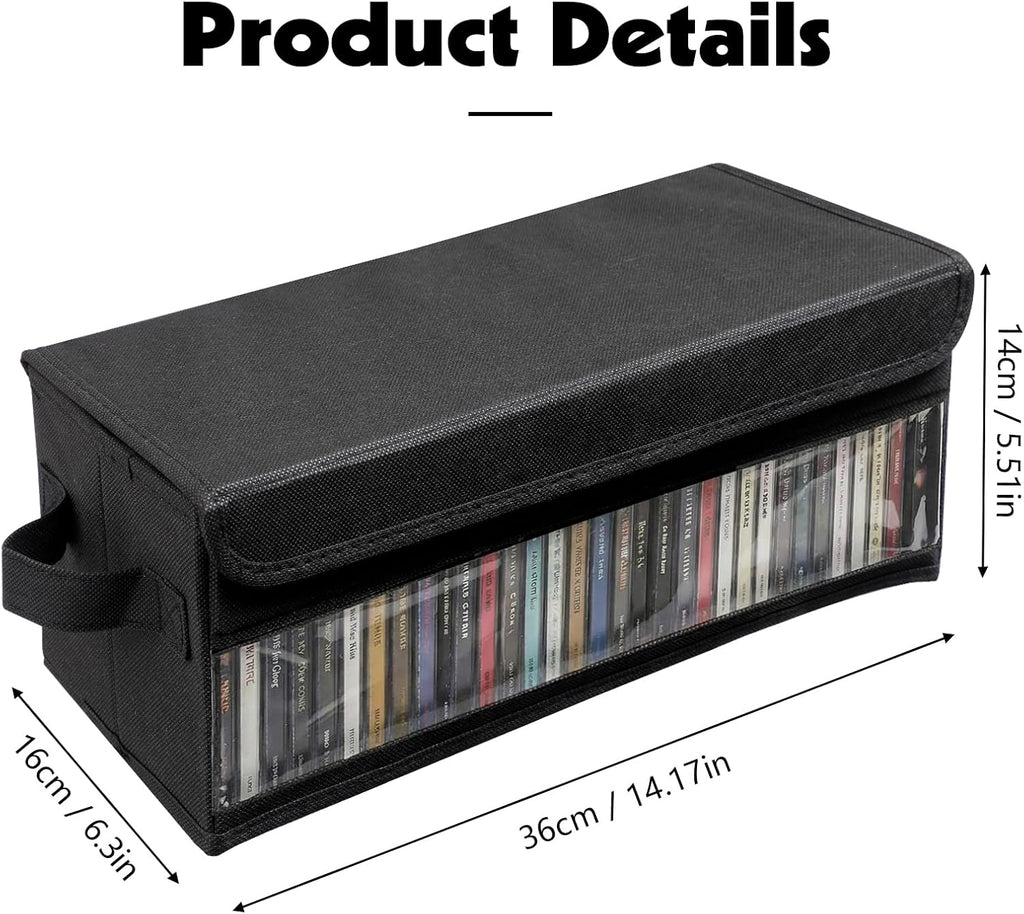 CD Storage Box, CD Case Holder with Handles | 14.17×6.3×5.51in Lid and Clear Window Stackable CD Organizer Box Holds Up to 32 CDs in full jewel cases(Black)