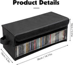 CD Storage Box, CD Case Holder with Handles | 14.17×6.3×5.51in Lid and Clear Window Stackable CD Organizer Box Holds Up to 32 CDs in full jewel cases(Black)