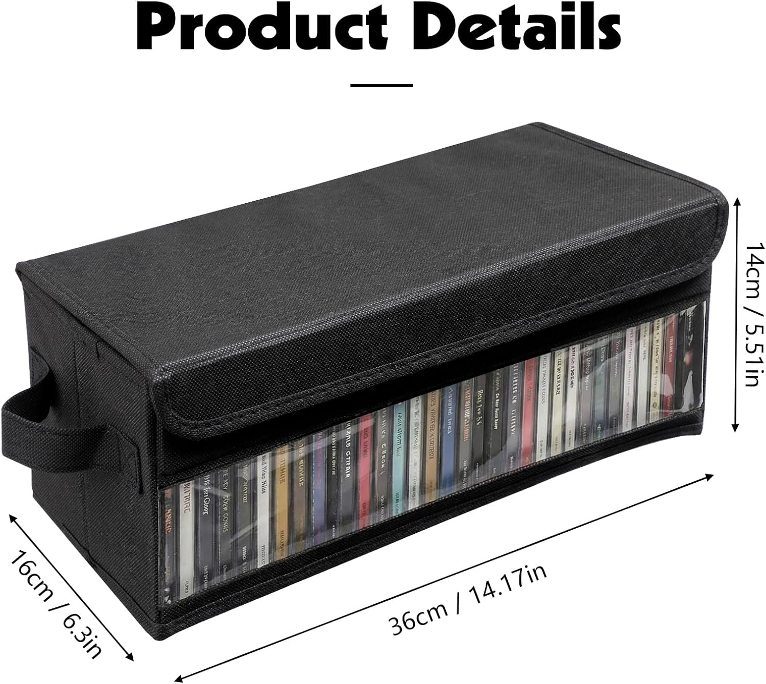 CD Storage Box, CD Case Holder with Handles | 14.17×6.3×5.51in Lid and Clear Window Stackable CD Organizer Box Holds Up to 32 CDs in full jewel cases(Black)