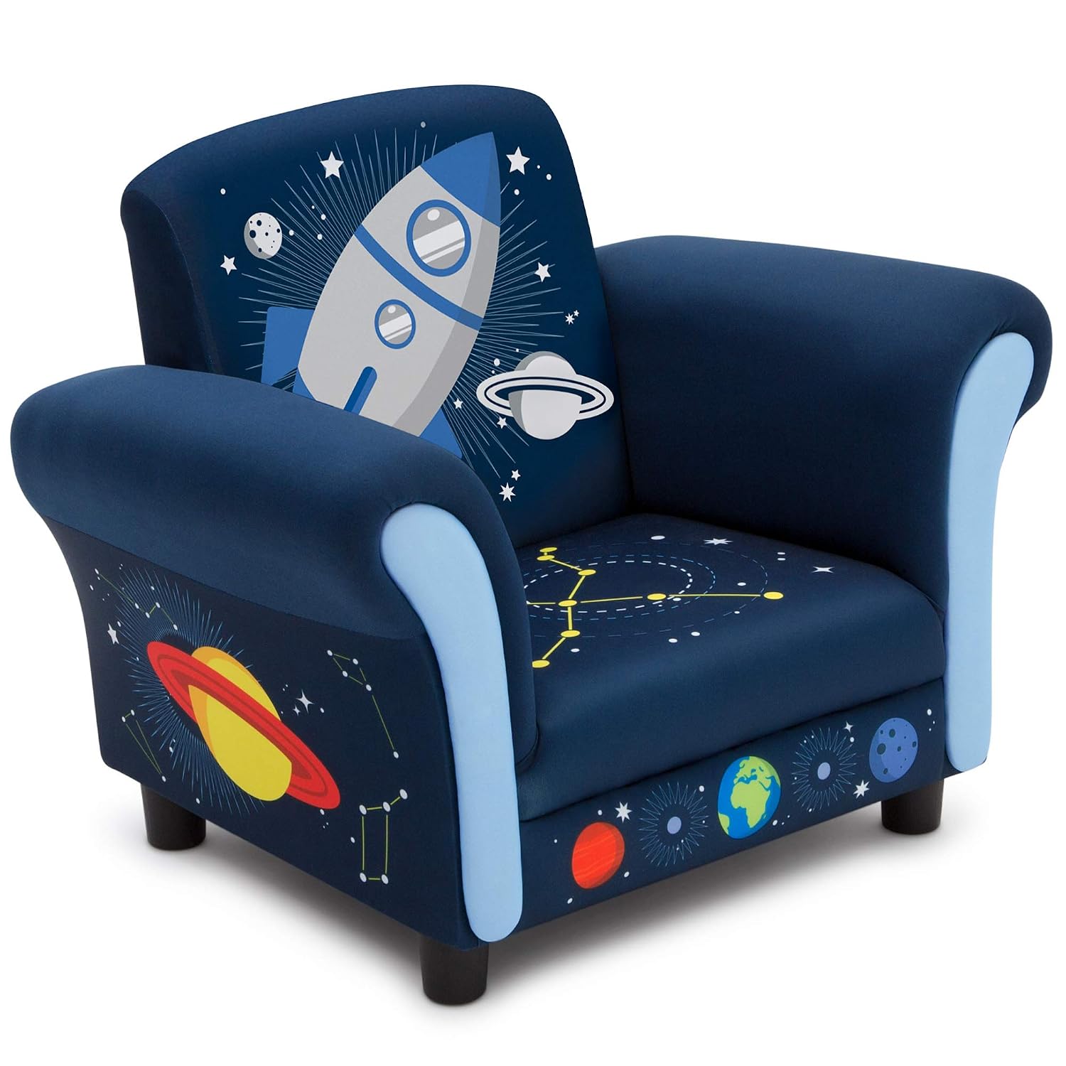 Delta Children Space Adventures Rocket Ship Wood Toddler Bed - Greenguard Gold Certified, Blue & Space Adventures Kids Upholstered Chair, Blue