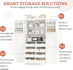 Freestanding Kitchen Pantry Cabinet, Tall Larder Cupboard Storage Cabinet with 4 Doors, 2 Door Shelves, 8 Pull-Out Trays and Adjustable Shelf for Dining Room