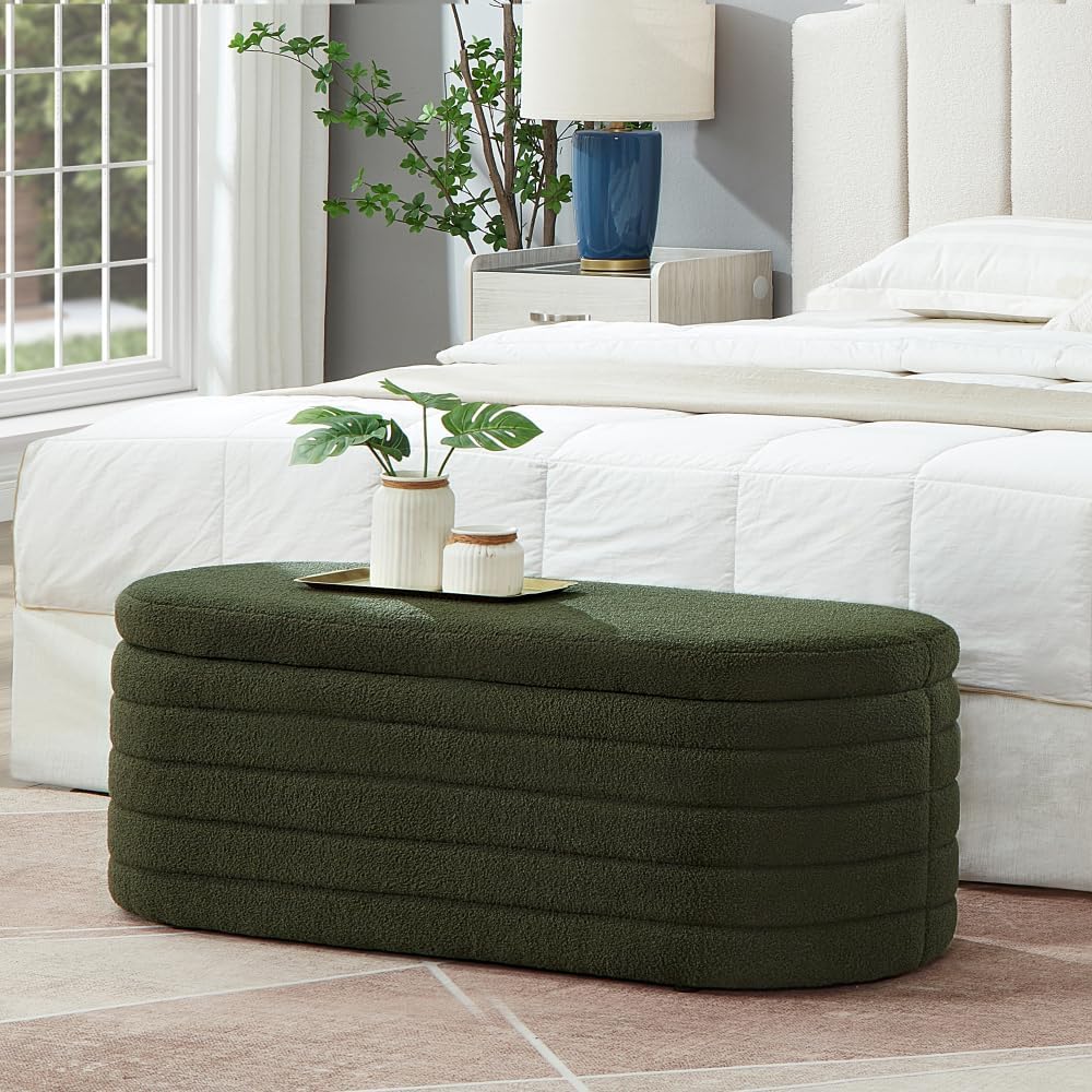 Modern Oval Storage Ottoman Bench, Upholstered Boucle Teddy Fabric End of Bed...