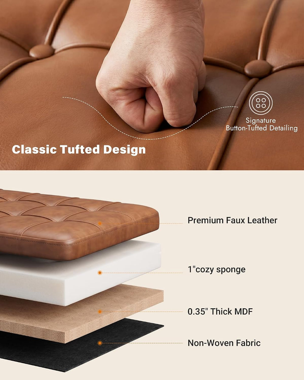 Storage Ottoman Bench, 43.7"PU Leather End of Bed Bench Walnut Brown | B...