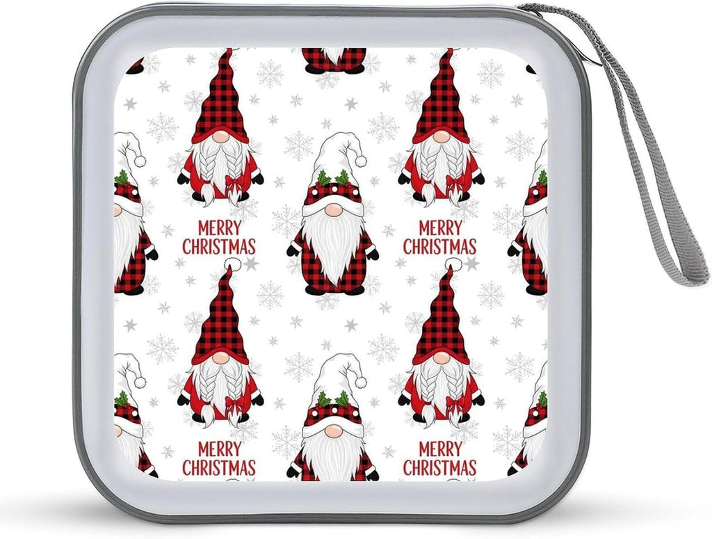 40-Disc CD/DVD Organizer Wallet Silver Snow Gnome On Rustic Grey Wood Plank Winter Christmas, Heavy-Duty Hard Plastic Binder, Portable Storage Case with Carry Strap for Car
