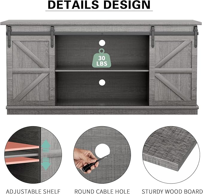 YESHOMY TV Stand for Televisions up to 65 Inches, with Sliding Barn Doors and Storage Cabinets, Console Table and Media Furniture for Living Room, 58 Inch, Gray