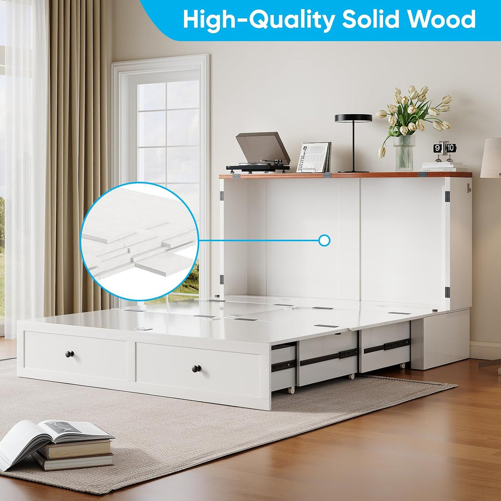 Mjkone 57" W Full Murphy Cabinet Bed, Full Size Murphy Bed with Storage Drawers, Cabinet Beds with USB Charging Station for Small Space, Guest Room, Bedroom, Office, White