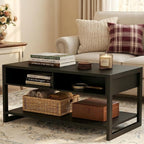 Multi-Functional Coffee Table with Foot-Sensor Light and 2 Drawers | Black, Modern, Large Open Shelf, Sturdy Frame Versatile, Vintage Metal Handle, Suitable for Living Room/Office/Outdoor Patio,