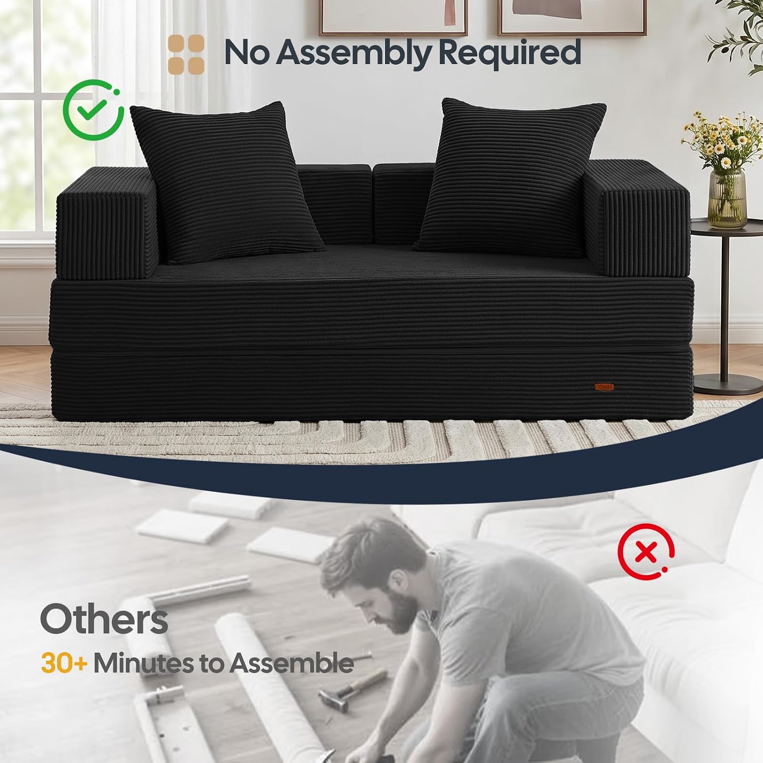 COMAX Futon Sofa Bed, 4‑in‑1 Convertible Sofa Bed, Folding Boneless Couches | Boneless Couch for living room, Fold Out Small Foldable Loveseat Floor Sleeper Mattress Lounge Space‑Saving, Black