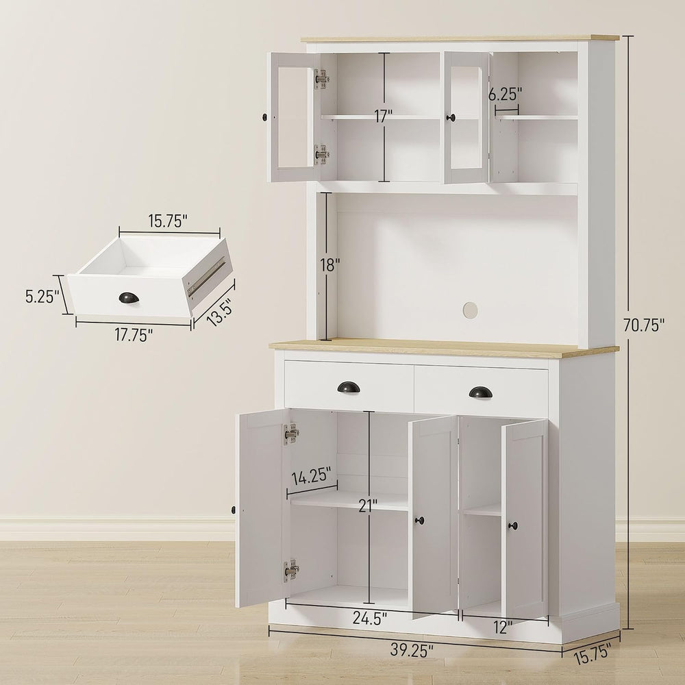 Modern Freestanding Pantry Cabinet 71in H x 39.25in W: White Finish, Warm Oak...