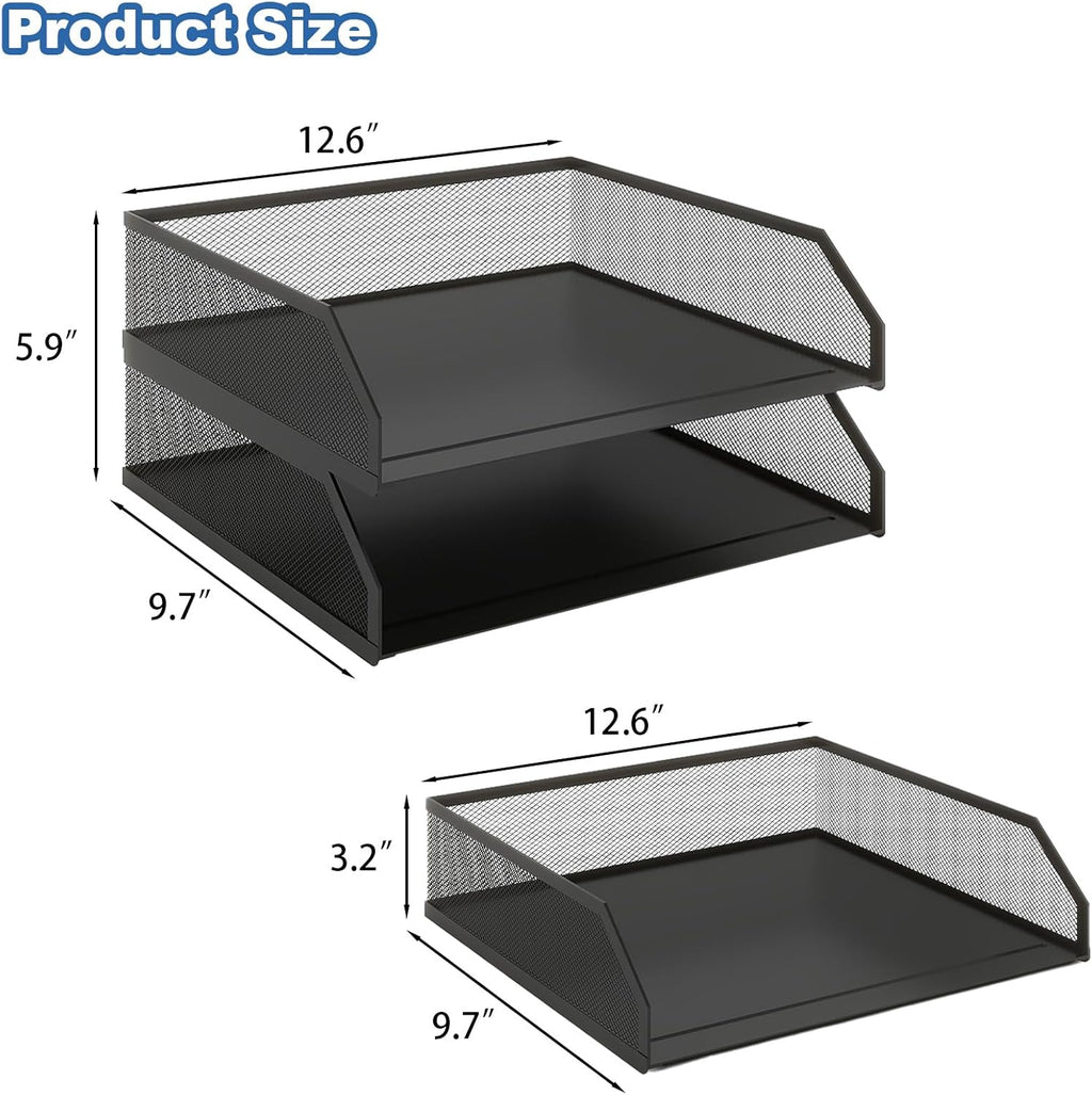 Natwind 2-Tier Stackable Paper Tray, Metal Mesh Desktop Organizer, A4 Paper Sorter, Letter Trays,File Folder Sorter Organizer with Sliding Tray for Home, Office, School (Black)