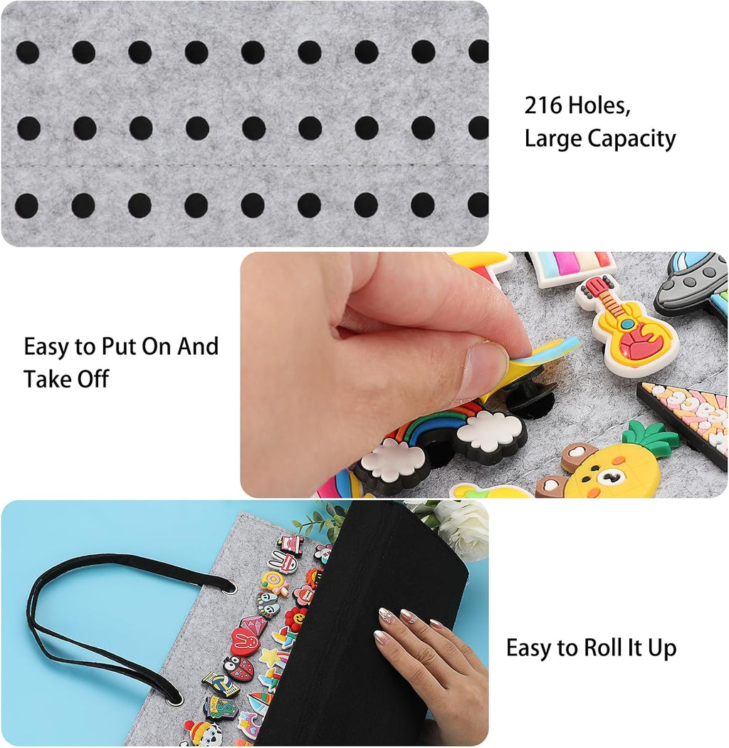 JUXYES Shoe Charms Organizer Wall Hanging Collection Holder with 216 Holes | Soft Felt Material, Easy to Categorize, Portable Decorative Croc Charms Display, Hanging Shoe Charms Storage Organizer, Gray