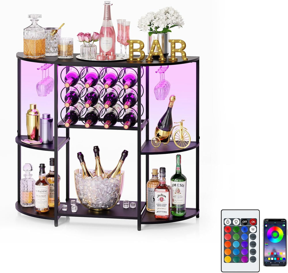 JKsmart Wine Bar Cabinet with LED Lights, Mini Wine Bar Cart with Storage and...