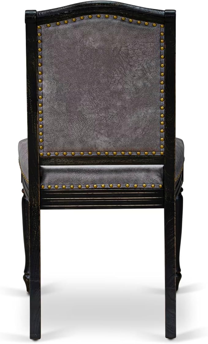 NKMA9-SBB-34, 9-pc Dining Table Set Consists of a Wooden Dining Table and 8 Dark Grey Polyester Fabric Parsons Chairs with Button Tufted Back, Sand Blasting Black Finish