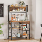 HOOBRO Bakers Rack with 4 AC Power Outlets, 5-Tier Coffee Bar with Wire Basket, Microwave Stand with Paper Holder and Drawer, Kitchen Storage Shelf, Rustic Brown and Black BF84UHB01