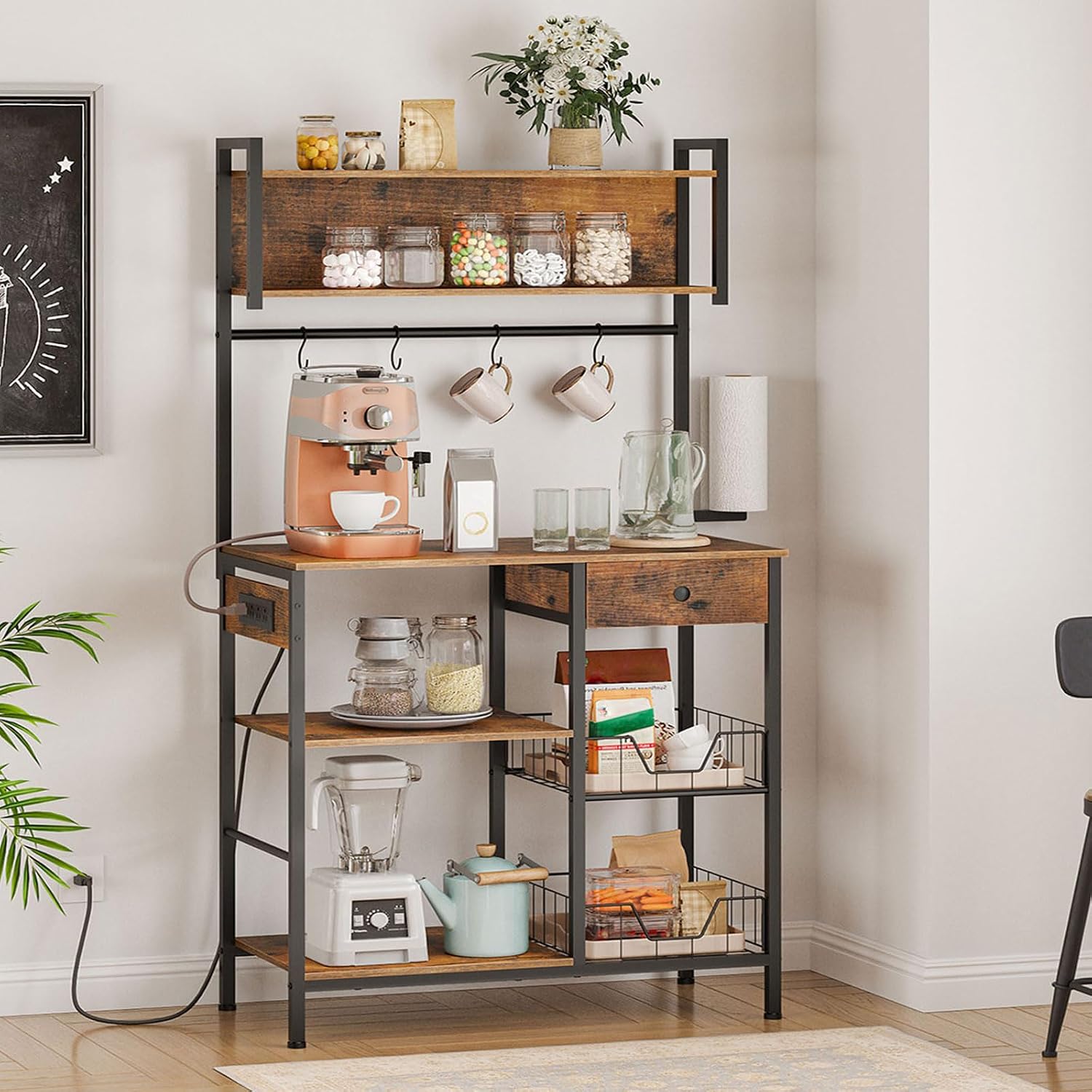 HOOBRO Bakers Rack with 4 AC Power Outlets, 5-Tier Coffee Bar with Wire Basket, Microwave Stand with Paper Holder and Drawer, Kitchen Storage Shelf, Rustic Brown and Black BF84UHB01