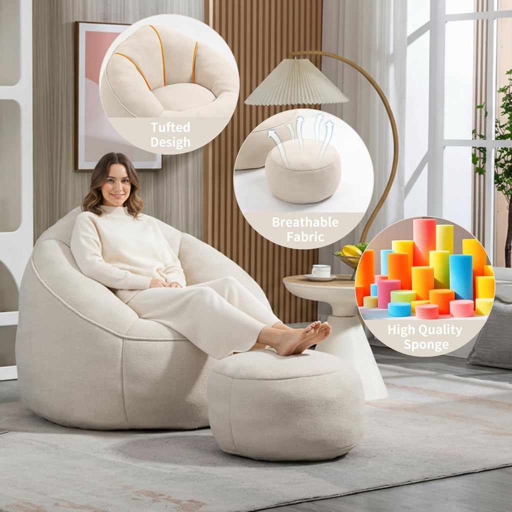 Bean Bag Chairs, Gaint Bean Bag Couch with Memory Foam for Adults and Kids, Microfiber Upholstered Sofa with Ottoman, Comfy Lazy Bean Bag Reading Chair for Living Room