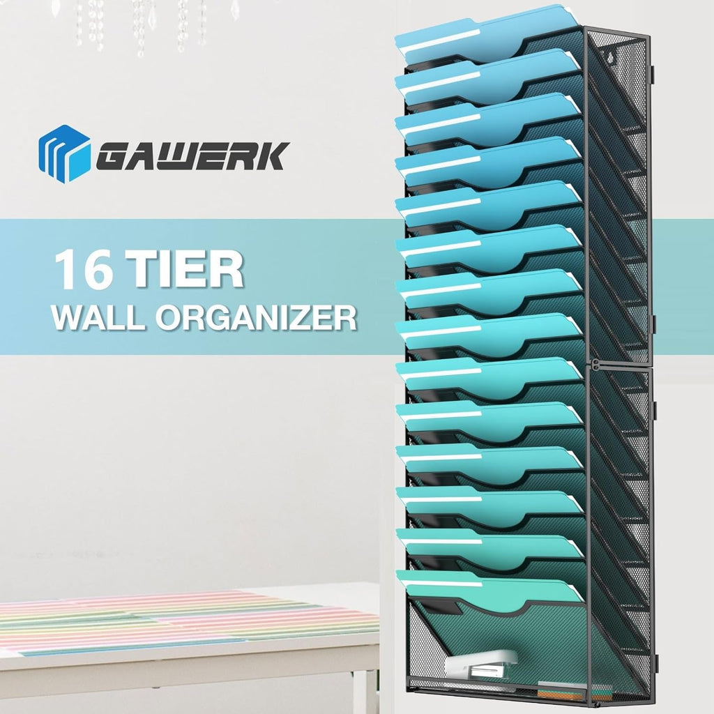 15-Tier Wall File Organizer Hanging Wall File Holder Wall Mount Paper Folder Organize, Mesh Magazine Document Mail Organizer Wall Organizer for Office School Home, Black