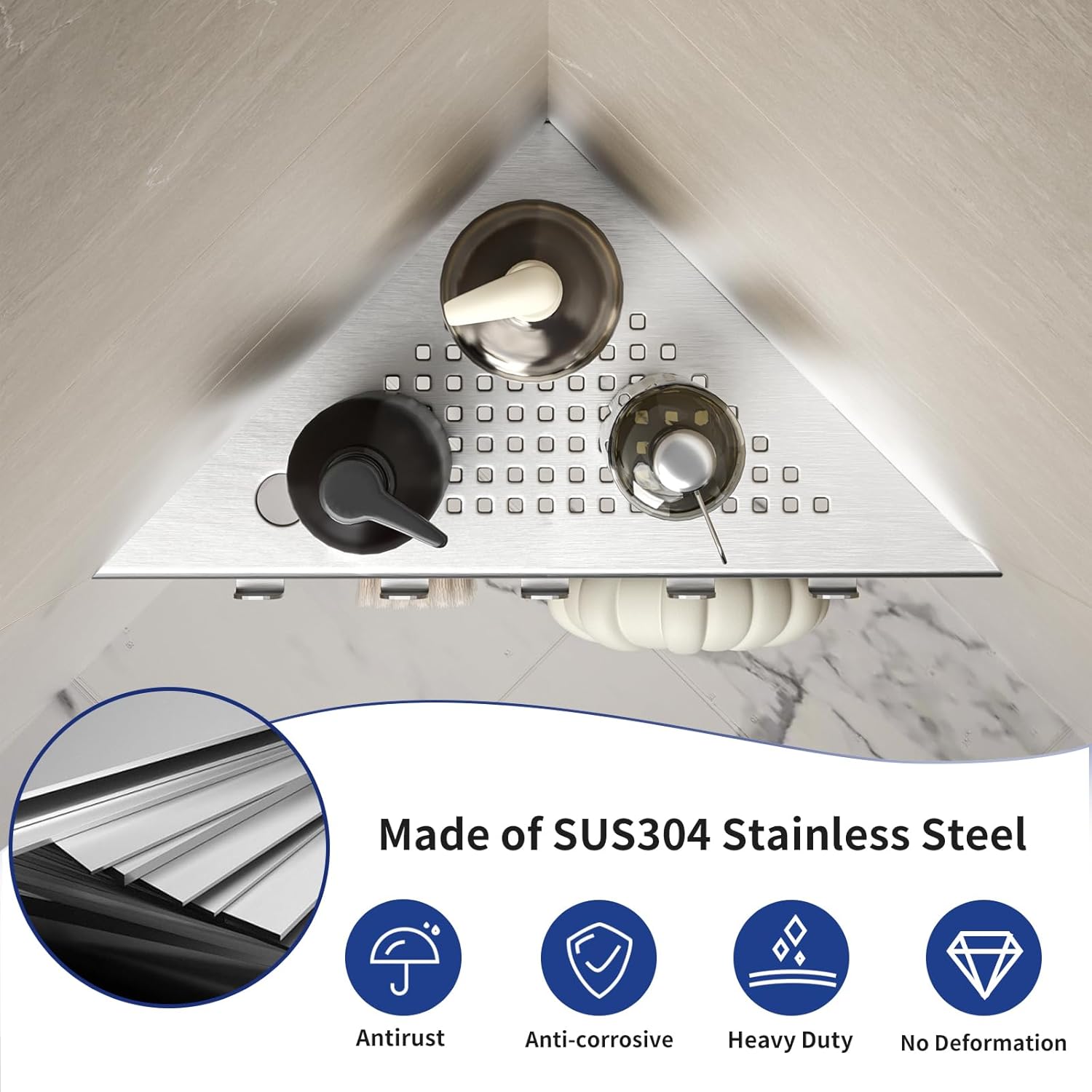 Grout in Shower Shelves with Hooks, 304 Stainless Steel Corner Bathroom Shelf for Tiled Wall (Brushed, 10'' x 10'')