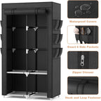VTRIN Portable Closet Wardrobe Closet for Hanging Clothes with 4 Storage Shelves, 2 Hanging Rods and 6 Pockets, Stable and Easy Assembly Clothes Rack with Cover Free Standing Closet for Bedroom, Black