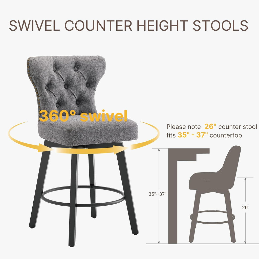 Counter Height Barstools 26 inch Upholstered Button Tufted Swivel Bar Stools with Back and Wood Legs for Kitchen Island,Set of 2,Grey-Nailhead Trim