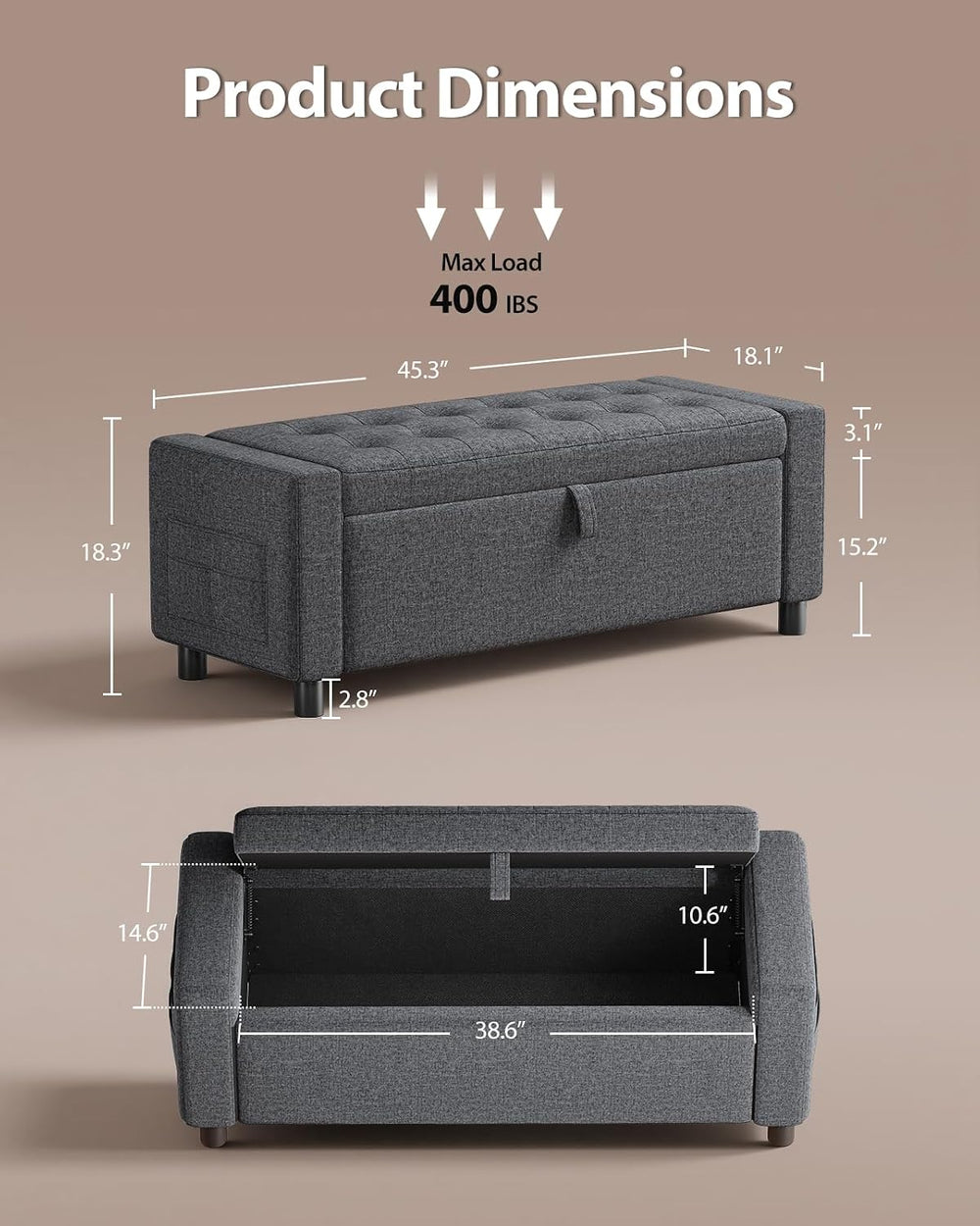 Amada 46" Storage Ottoman Bench, Side Pocket, Safety Hinge, Dark Gray | ...