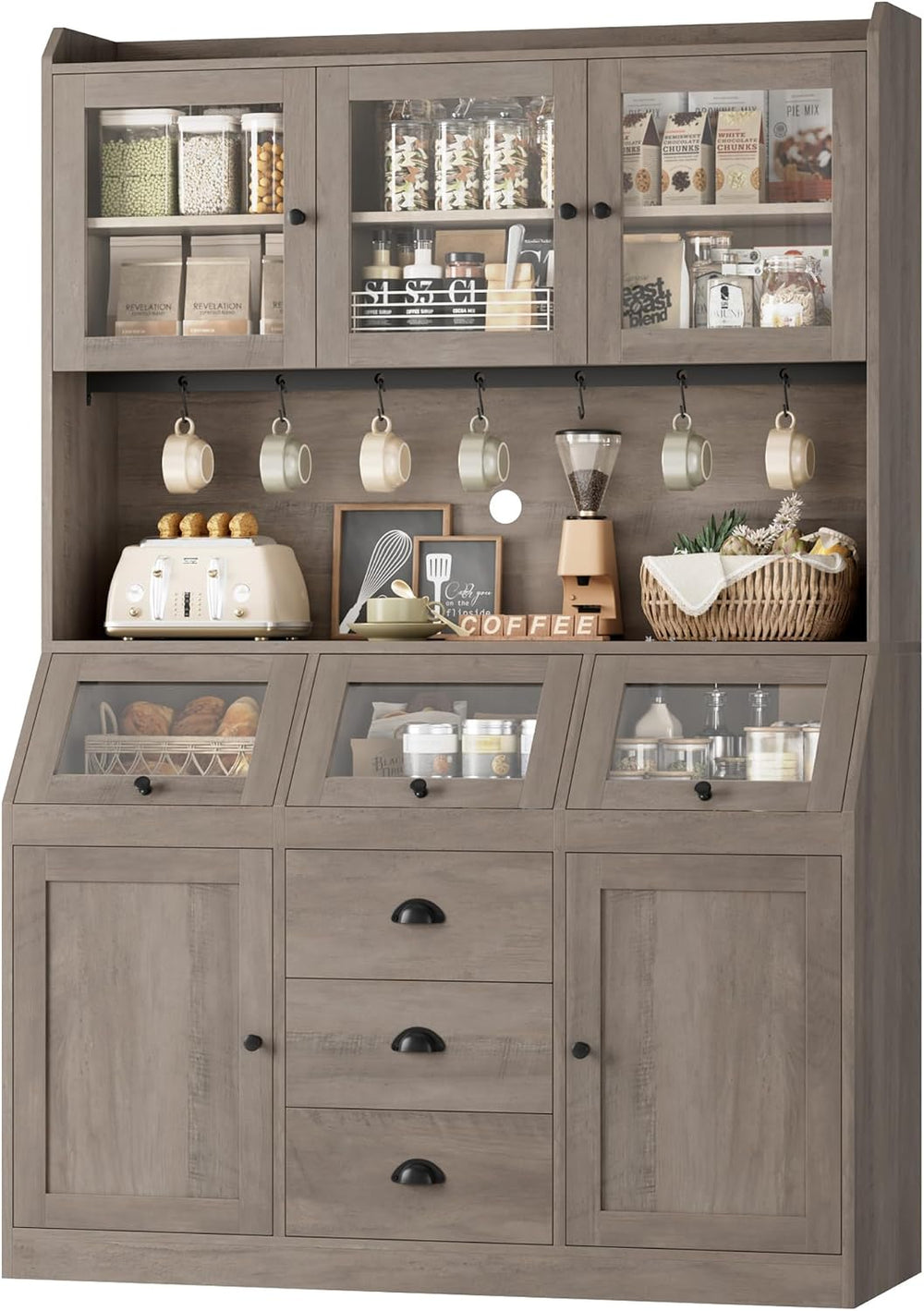 HIFIT 71.4” H Kitchen Hutch Pantry Cabinet with 3 Bread Boxes&7 Metal Hoo...