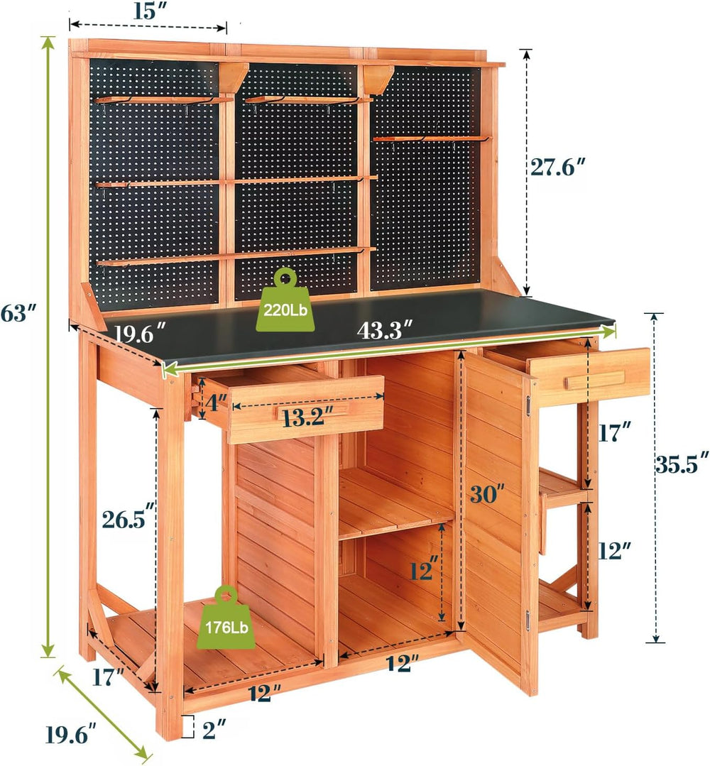 Outdoor Potting Bench,Wooden Potting Table with Metal Tabletop,Garden Work Be...