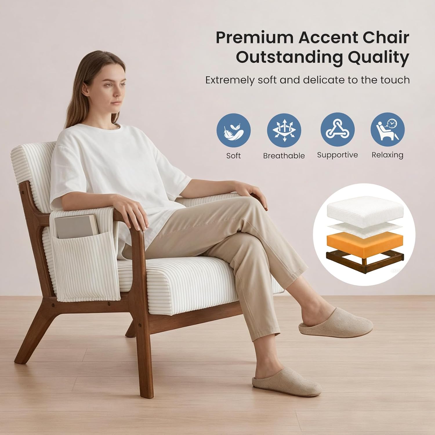 DUMOS Accent Chairs Set of 2, Mid Century Modern Accent Chair with Lumbar Pillow and Solid Wood Frame, Upholstered Armchair Reading Chair for Living Room, Bedroom, Beige