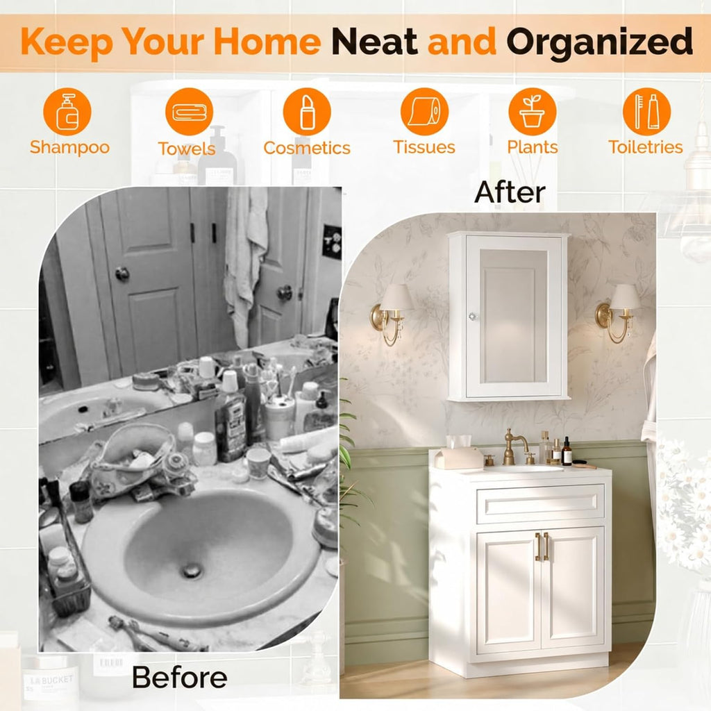 Bonnlo White Mirrored Medicine Cabinet, Wall Mounted Bathroom Storage Cabinet with Mirror Door, Adjustable Shelves & Magnetic Closure, Small Bathroom Organizer for Over Toilet or Sink
