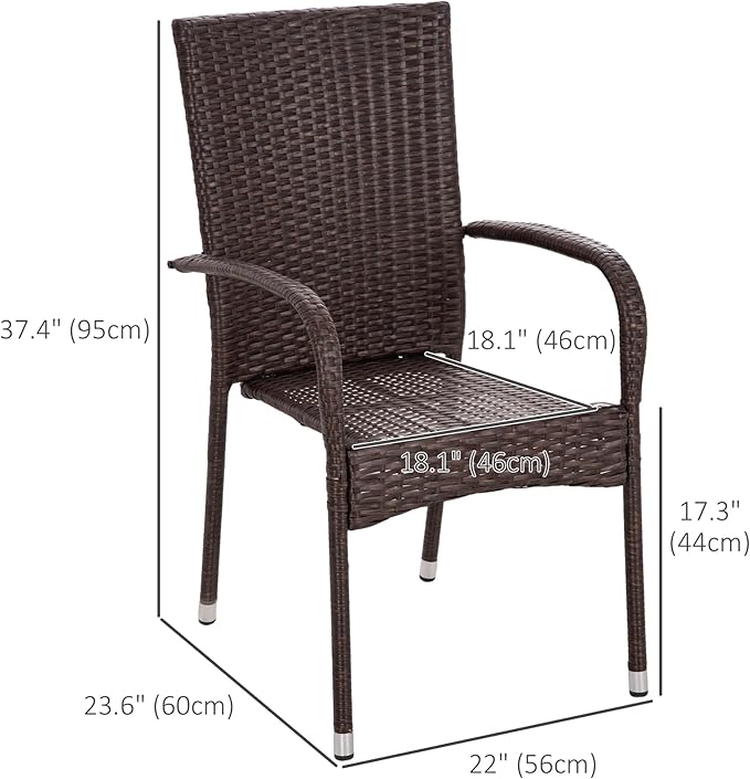 Outsunny Stackable PE Rattan Outdoor Dining Chairs with Cushions, Set of 2 Patio Wicker Dining Chairs with Armrests and Backrest for Patio, Deck, Blue