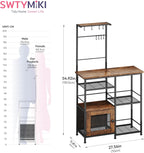 SWTYMIKI Bakers Rack with Storage - Coffee Bar Cabinet Organizer with 8 Hooks, Shelves & Cabinet Door, Coffee Station for Kitchen Dining Room, Microwave Stand with Adjustable Feet, Espresso