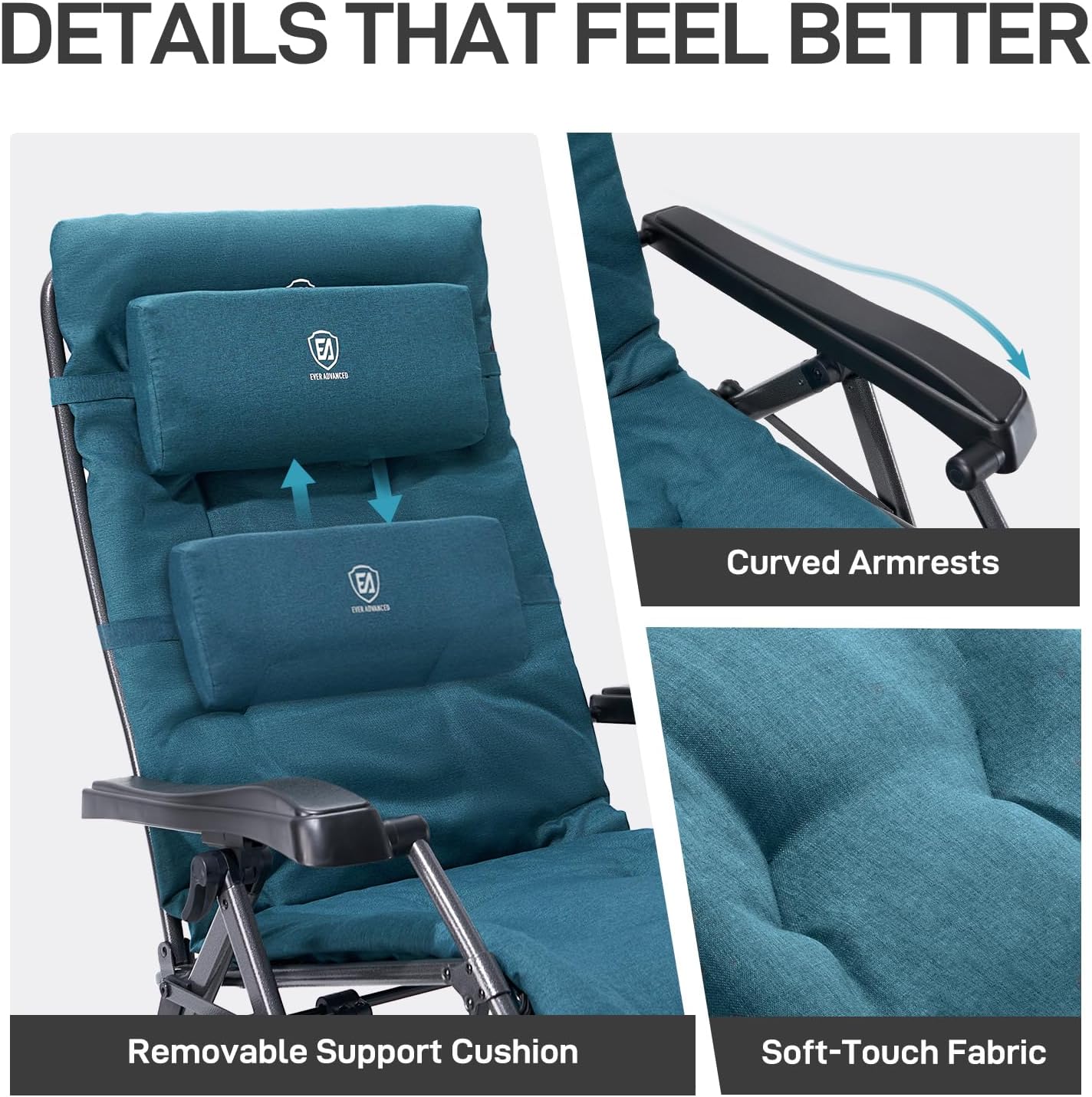 EVER ADVANCED Aluminum Zero Gravity Chair, 2.4" Padded, 350 lb Capacity | Oversized Reclining Lounge Chair with Adjustable Headrest and Side Table, Foldable for Camping, Patio, Lawn and Indoor Use