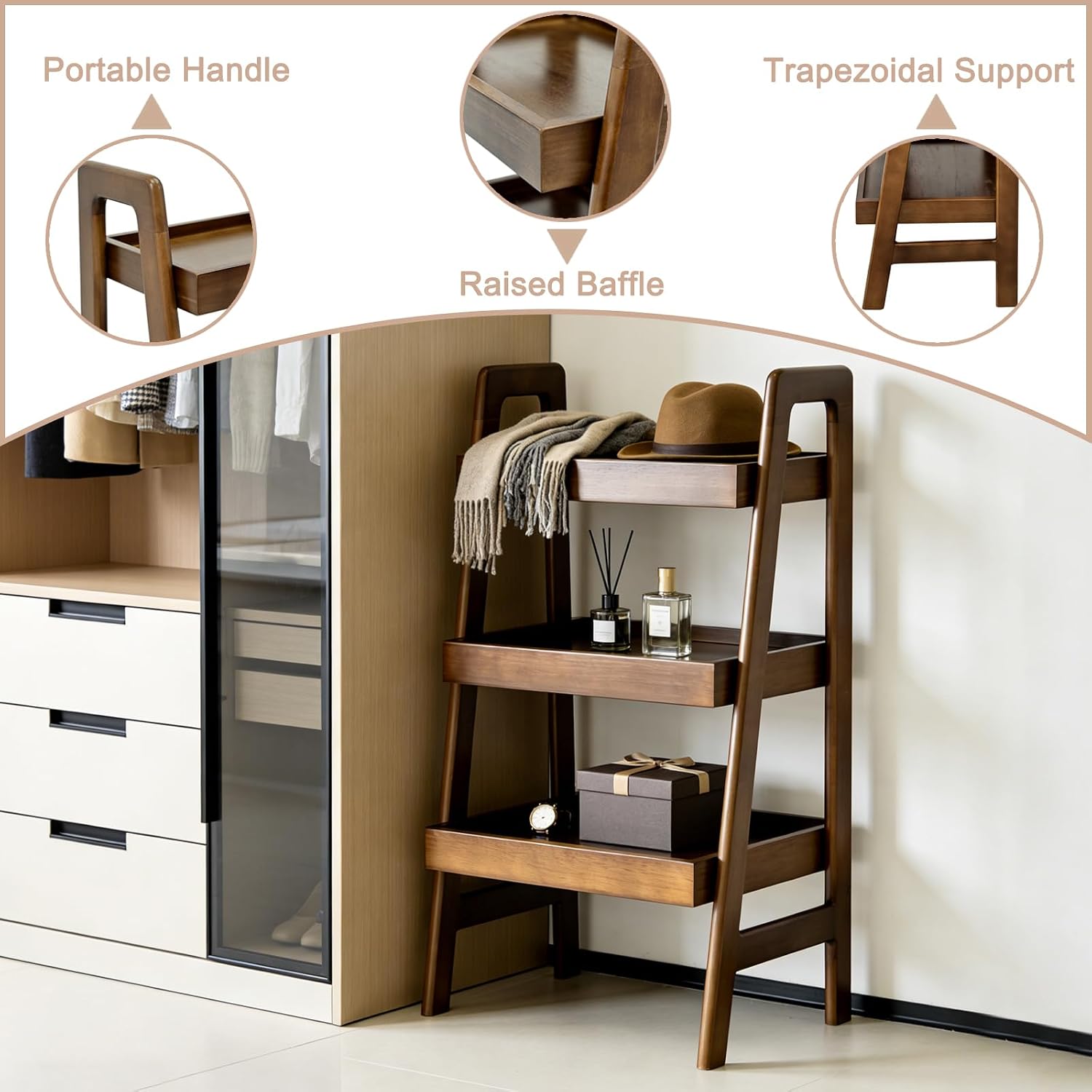 100% Solid Wood Ladder Shelf, 3 Tier Small Ladder Bookshelf, Freestanding Display Ladder Shelves with Open Storage for Living Room, Bedroom, Home Office, Saving Space, Walnut
