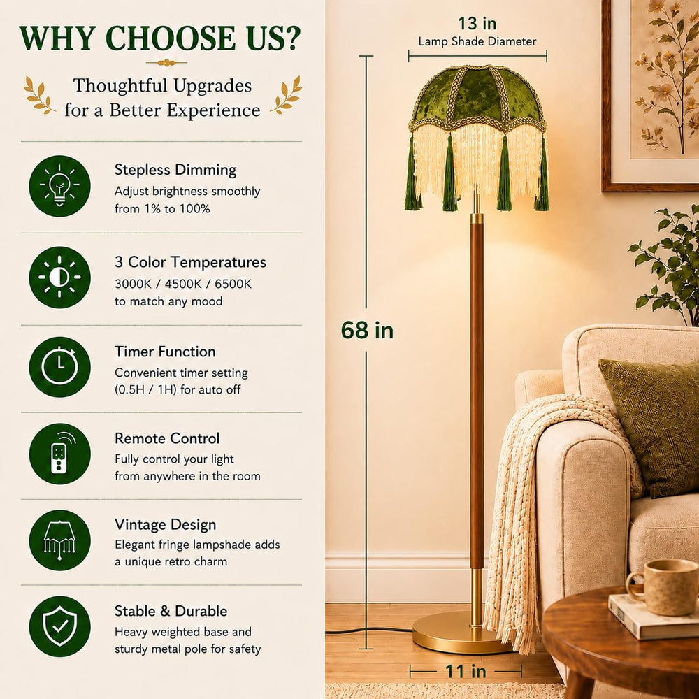 Vintage Floor Lamp For Living Room,Remote Dimmable Wood Gold Standing Lamps W...