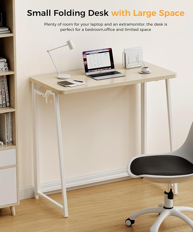 Folding Desk Small Foldable Desk for Small Space, 31.5 Inches Writing Computer Desks in Study, Home Office Foldable Office Desks for Bedroom, Oak