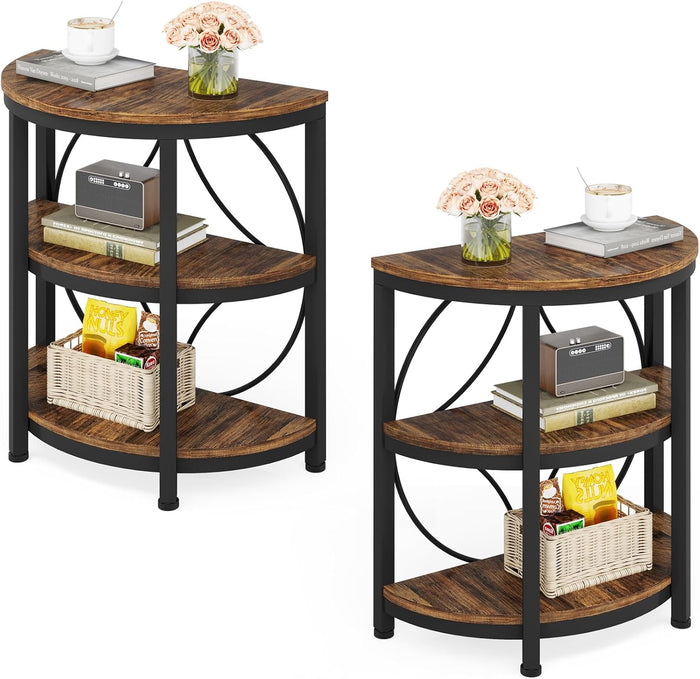 Tribesigns Half Round End Table Set of 2, 3-Tier Half Circle Side Table with Metal Frame, Industrial Half Moon Table, Half Coffee Accent Table Bedside Table for Living Room, Bedroom, Brown