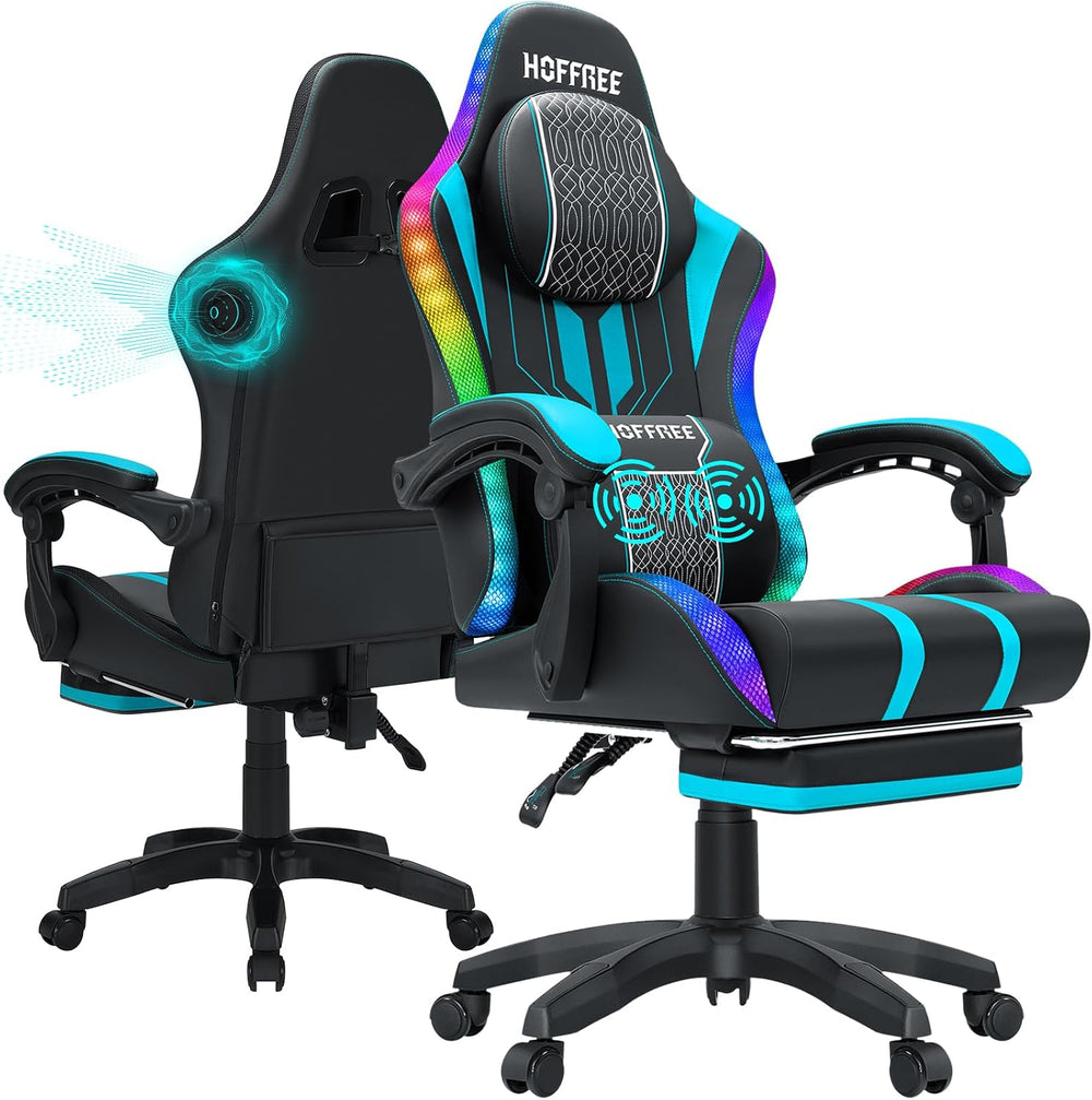 HOFFREE Led Gaming Chair with Speakers and Massage Video Game Chair Big and T...