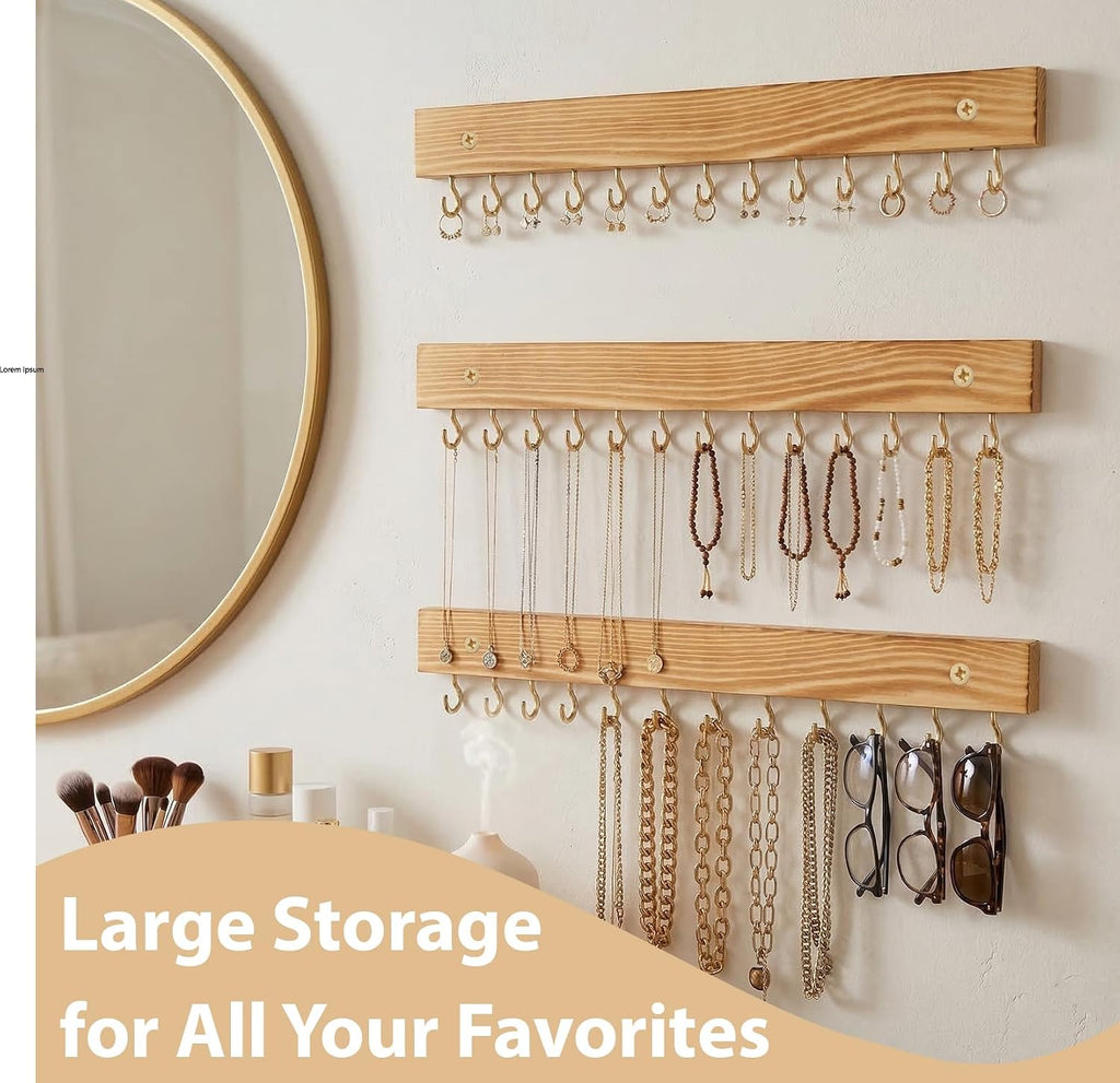 3 Pack Necklace Holder Wall Mounted Hanging Jewelry Organizer, Wooden Jewelry Hanger with 39 Hooks for Necklace Earring Bracelet & Accessories Display, Jewelry Storage Holder for Bedroom Closet Decor