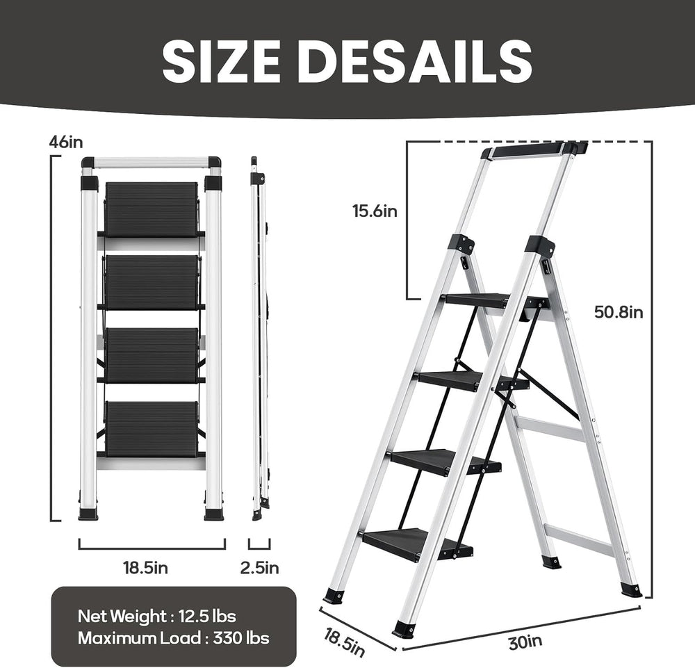 4 Step Ladder Folding Aluminum Stool Retractable Handrail