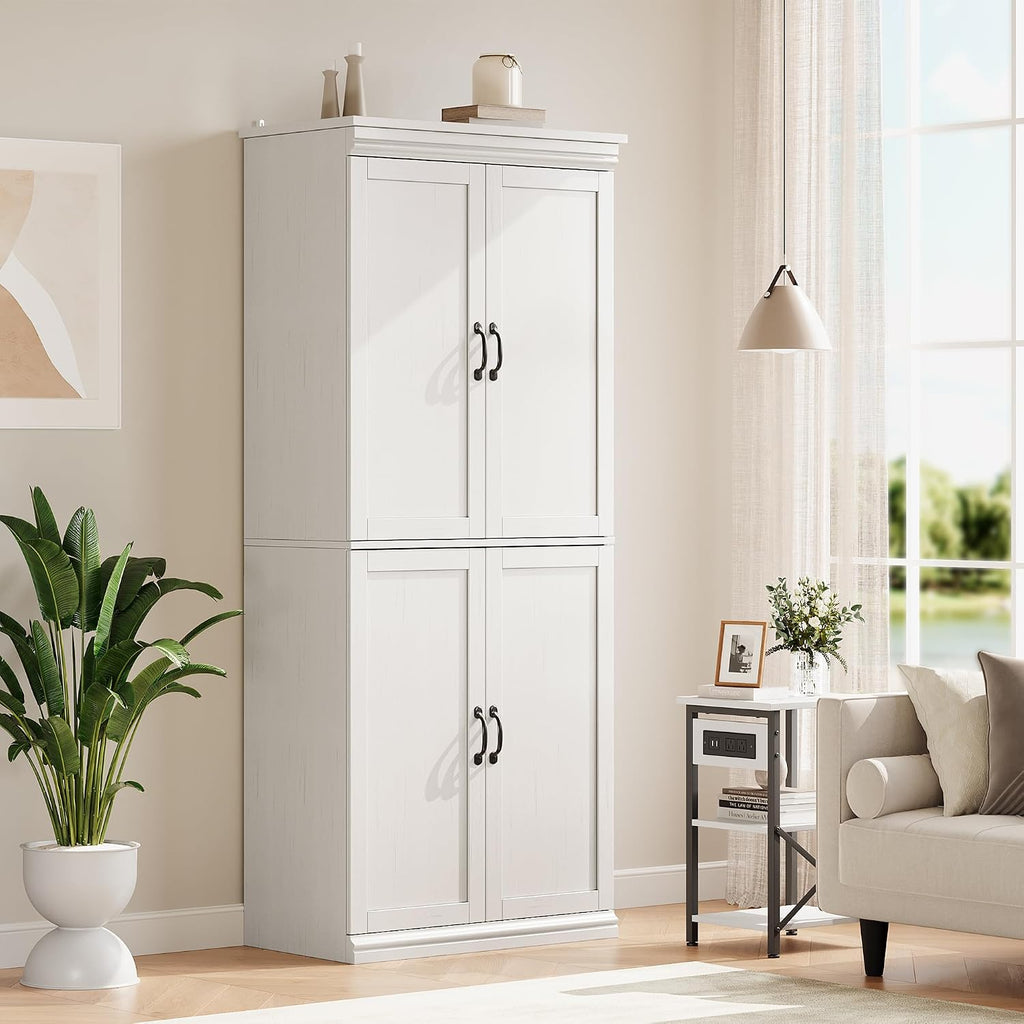 70 Inch Tall Pantry Cabinet, Wood Kitchen Storage Cabinet with 4 Doors & Adjustable Shelves, Modern White Pantry Organizer Cupboard for Dining Room, Living Room