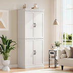 70 Inch Tall Pantry Cabinet, Wood Kitchen Storage Cabinet with 4 Doors & Adjustable Shelves, Modern White Pantry Organizer Cupboard for Dining Room, Living Room