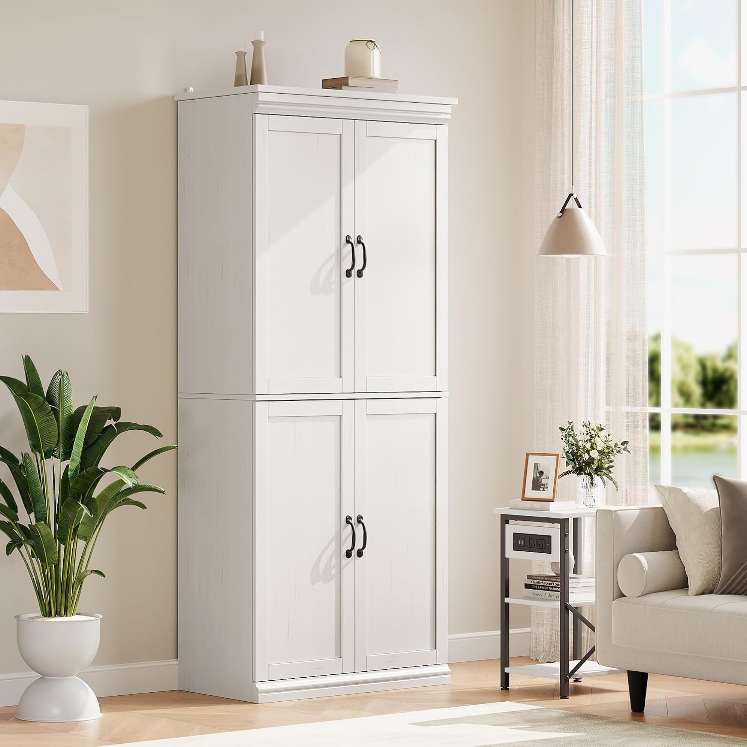 70 Inch Tall Pantry Cabinet, Wood Kitchen Storage Cabinet with 4 Doors & Adjustable Shelves, Modern White Pantry Organizer Cupboard for Dining Room, Living Room