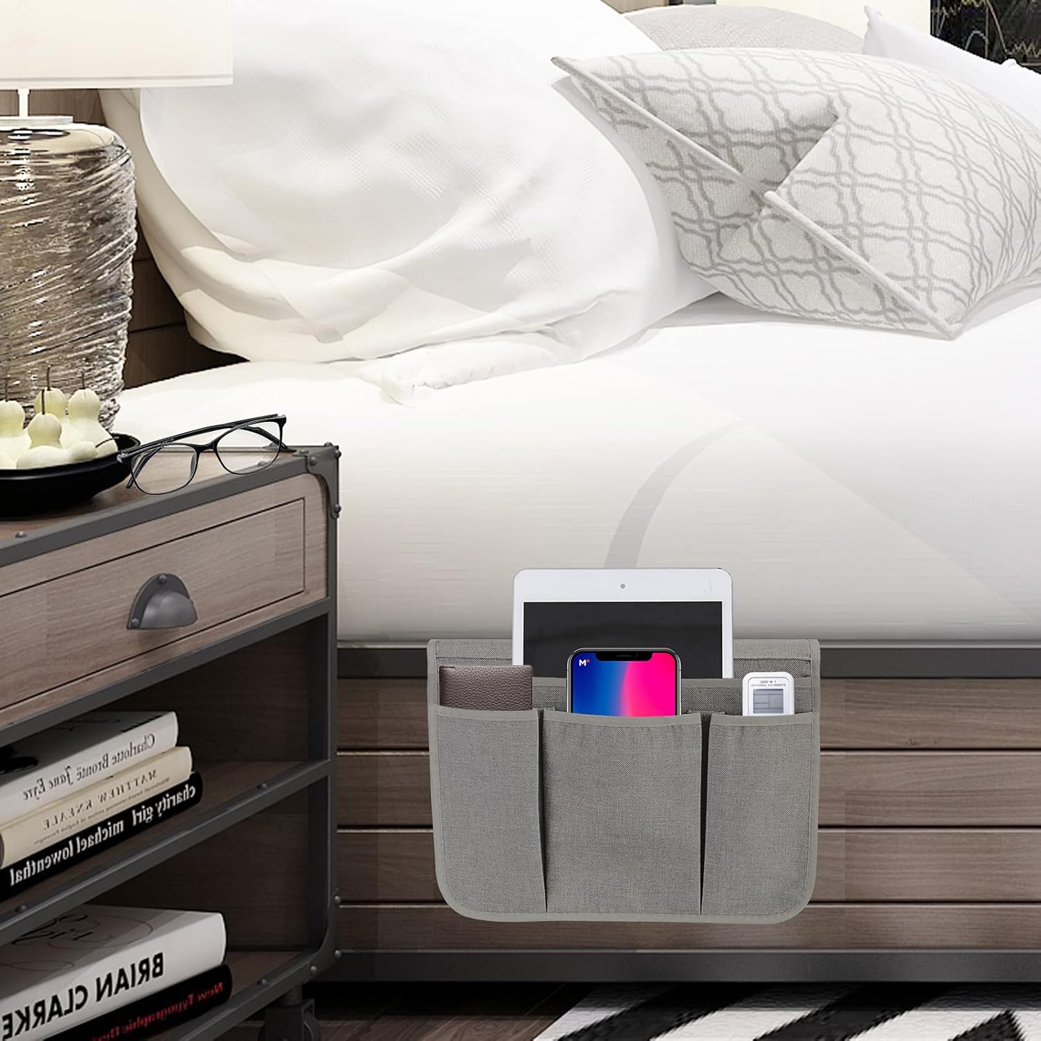 Bedside Caddy Bedside Storage Organizer Magazine Phone Tablet iPad Remote Holder, Organizer Caddy for Home College Dorm Bed, Sofa, Bunk Bed (Grey)