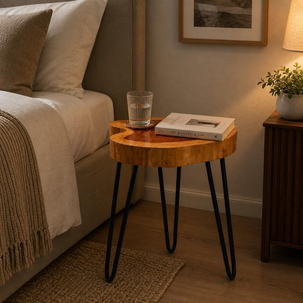 Live Edge Round Wood End Table – Solid Wood Side Table with Mid-Century Hairp...