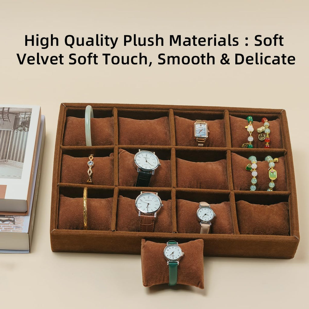 Jewelry Watch Tray, Coffee Velvet Watch Jewelry Organizer 12 Grid, Stackable Watch Bracelet Bangle Display Holder, Adjustable Pillows, for Man Woman Show Birthday