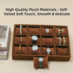 Jewelry Watch Tray, Coffee Velvet Watch Jewelry Organizer 12 Grid, Stackable Watch Bracelet Bangle Display Holder, Adjustable Pillows, for Man Woman Show Birthday